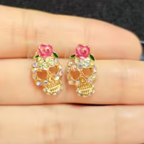 Pink Skull Skeleton Gold Crystal Earrings - Picture 13 of 13